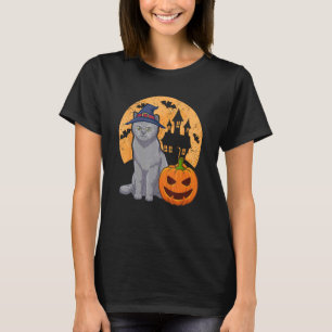 British Shorthair Cat with Witch Hat and Pumpkin H T Shirt
