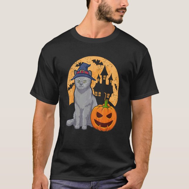 British Shorthair Cat With Witch Hat And Pumpkin H T Shirt (Framsida)