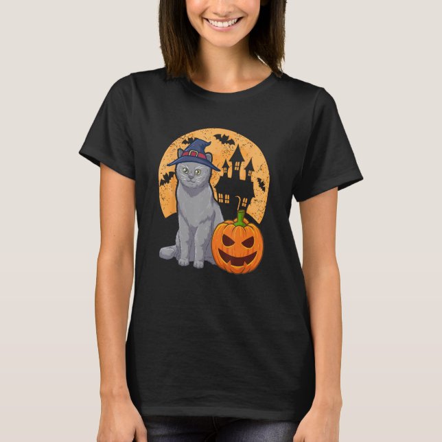 British Shorthair Cat with Witch Hat and Pumpkin H T Shirt (Framsida)