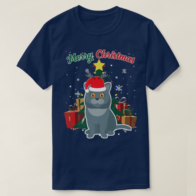 British Shorthair Christmas Tree Snow Flakes Xmas  T Shirt (Design framsida)