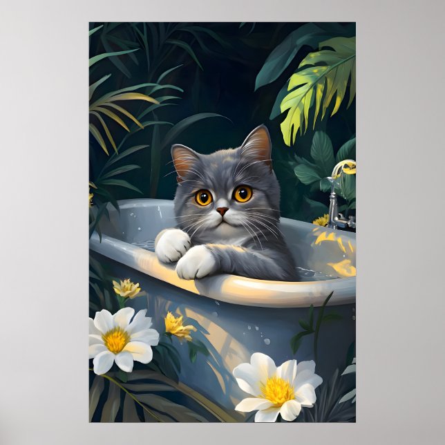 British Shorthair In Bathtub Poster, Funny Cat Poster (Framsidan)