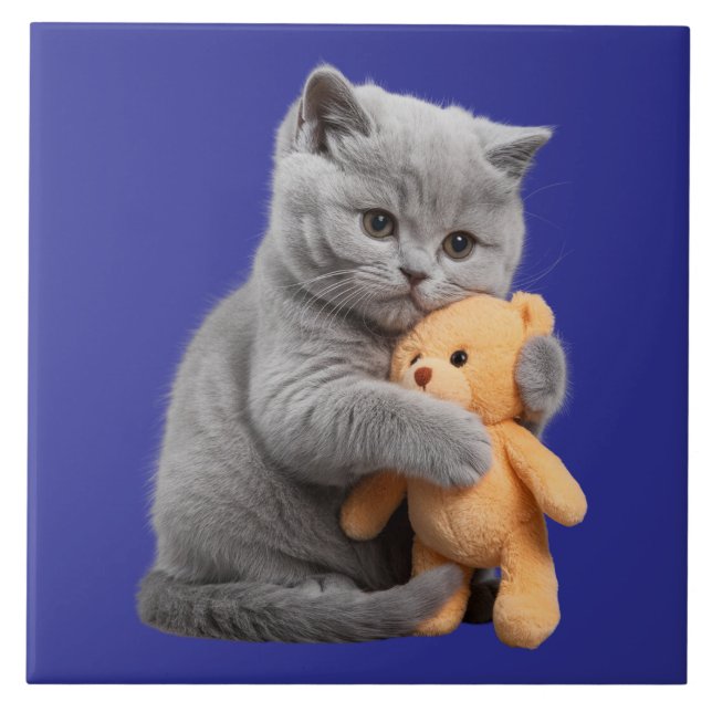 British Shorthair Kitten och Nalle Decorative Kakelplatta (Framsidan)