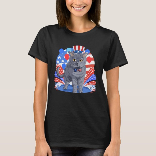 British Shorthair Merica 4th of July American Flag T Shirt (Framsida)