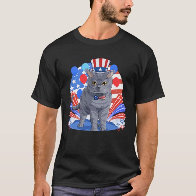 British Shorthair Merica 4th of July American Flag T Shirt (Framsida)