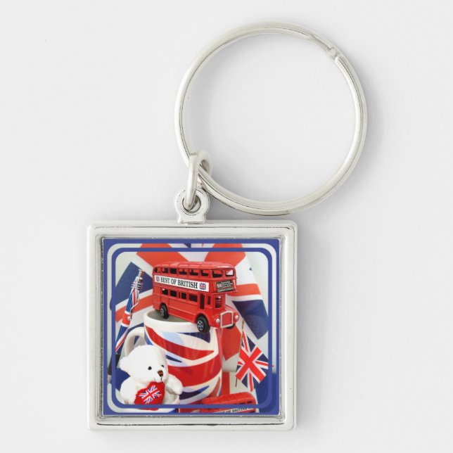 British Souvenirs ~ Keychain Fyrkantig Silverfärgad Nyckelring (Framsidan)