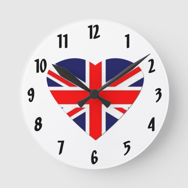 British Union Jack Flagga i hjärtform Rund Klocka (Framsida)