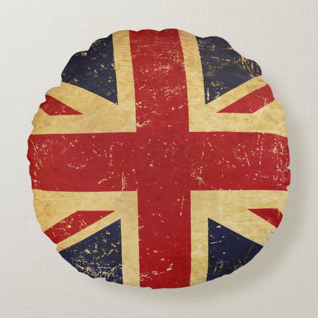 British Union Jack Flagga Vintage Grunge Rund Kudde (Framsidan)