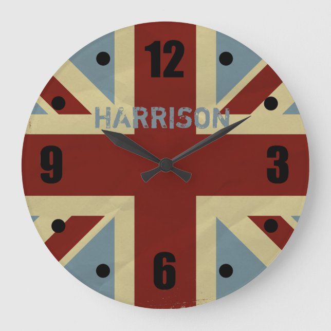 British Union Jack Grunge Flagga Stor Klocka (Framsida)