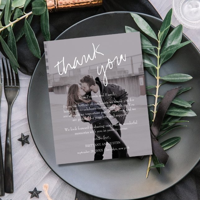 Brittany Black Photo Wedding Reception Tack Vykort (Simple, modern and elegant wedding reception thank you card with photo and trendy script font)