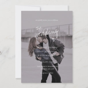 Brittany Modern Elegant White Script Photo Bröllop Inbjudningar