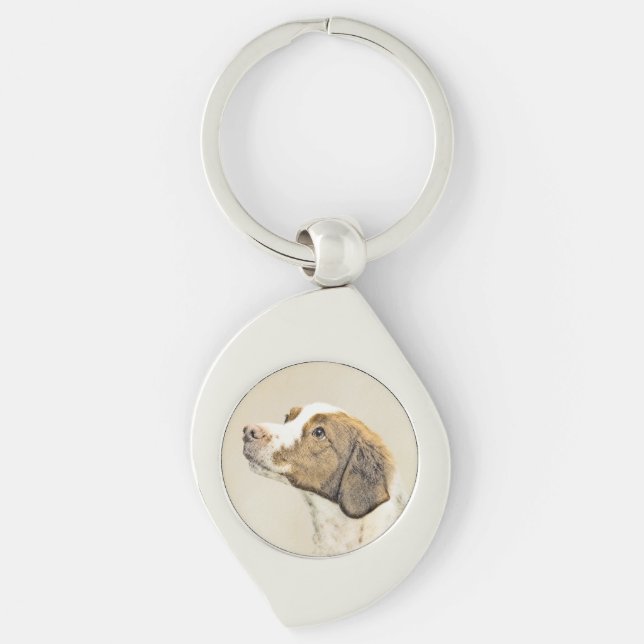 Brittany Painting - Cute Original Hund Art Swirl Silverfärgad Nyckelring (Framsidan)