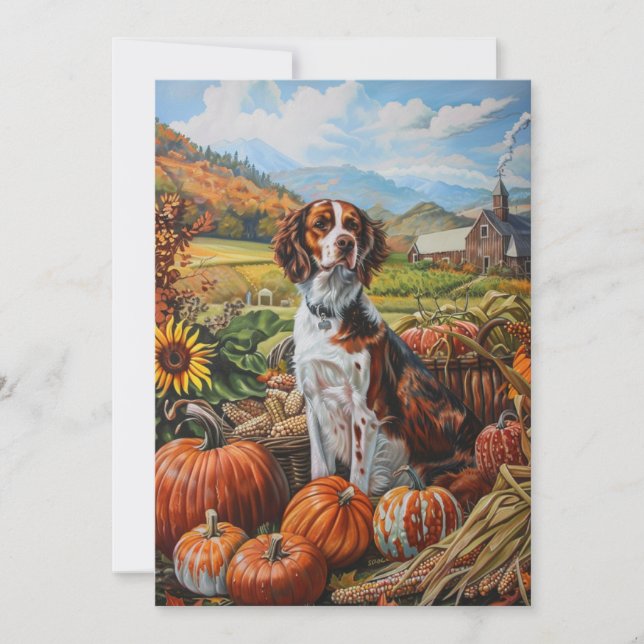 Brittany Spain Hund Autumn Harvest Thanksgiving Julkort (Framsida)