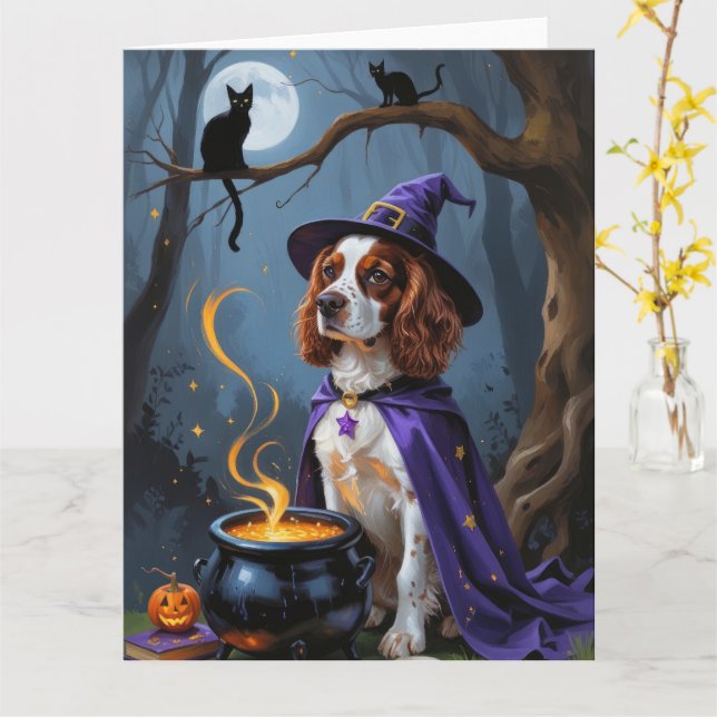 Brittany Spain Hund Whimsical Halloween Painting Kort (Gul blomma)