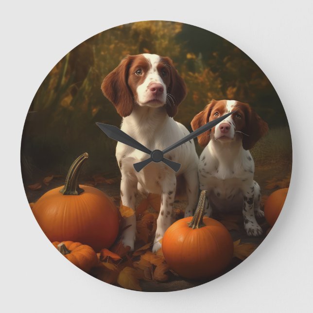 Brittany Spain Puppy Autumn Delight Pumpkin Stor Klocka (Framsida)