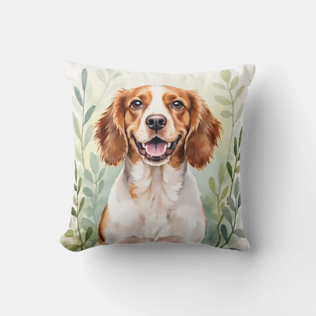 Brittany Spaniel Akvarellbladsmönsterkonst Kudde (Framsida)