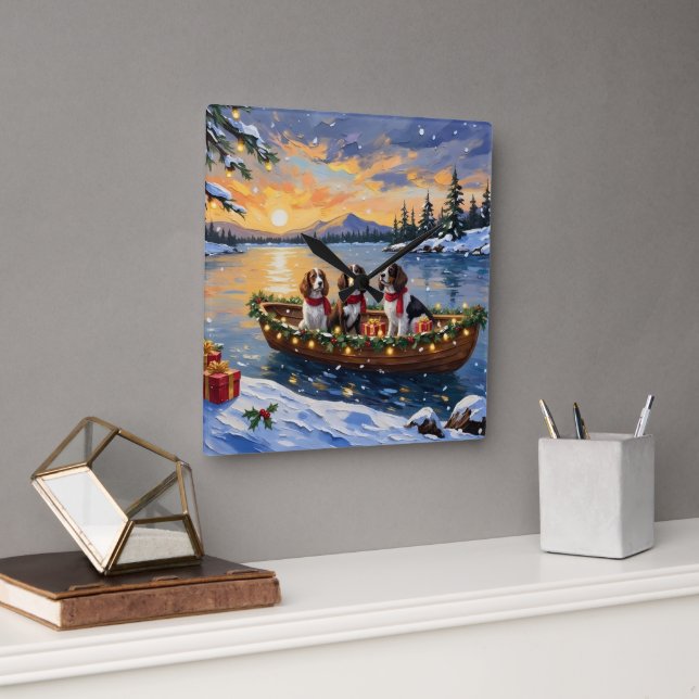 Brittany Spaniel Christmas Boat Holiday Fyrkantig Klocka (Kontor)