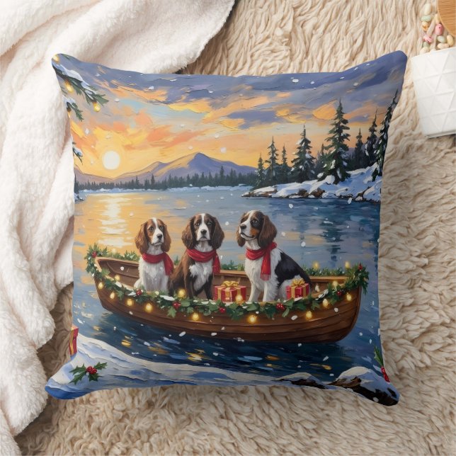Brittany Spaniel Christmas Boat Holiday Kudde (Filt)