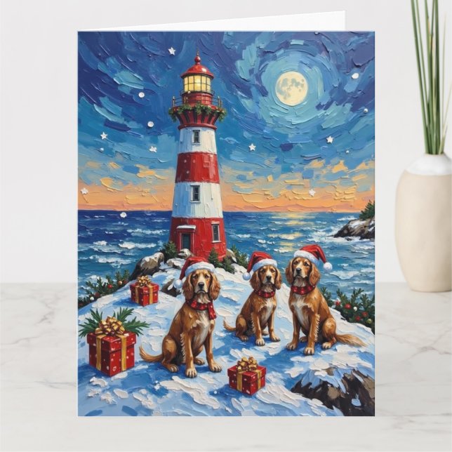 Brittany Spaniel Christmas Lighthouse Holiday Kort (Framsida)