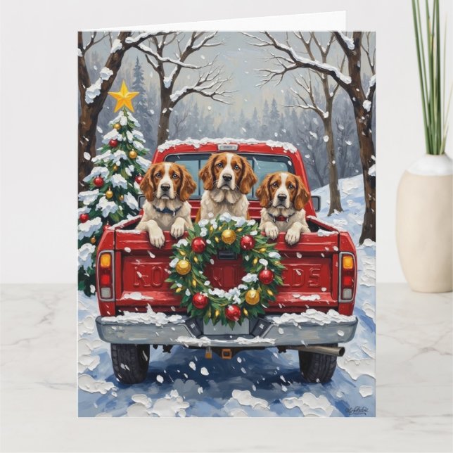 Brittany Spaniel Christmas Red Truck Holiday Kort (Framsida)