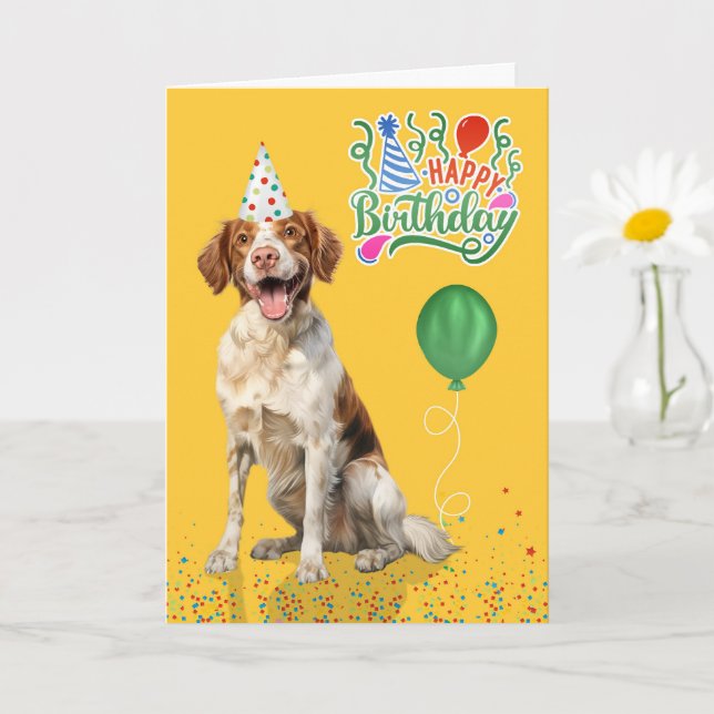 Brittany Spaniel Dog Party Hat Yellow Birthday Kort (Liten växt)