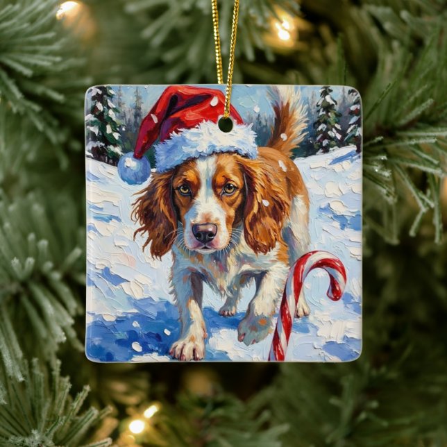 Brittany Spaniel Dog Pointing at Christmas Candy Julgransprydnad Keramik (Träd)