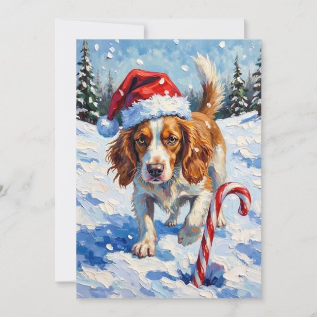 Brittany Spaniel Dog Pointing at Christmas Candy Julkort (Framsida)