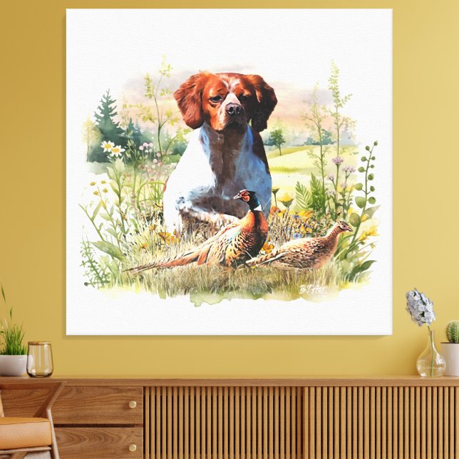 Brittany Spaniel – Fält, Fokus, Fasan, Konst Canvastryck (Insitu (Vardagsrum))
