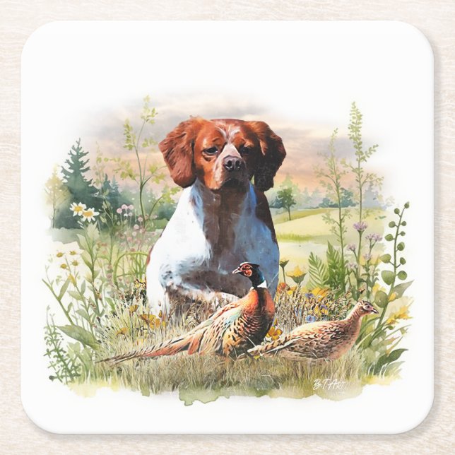 Brittany Spaniel – Fält, Fokus, Fasan , Konst  Underlägg Papper Kvadrat (Framsidan)