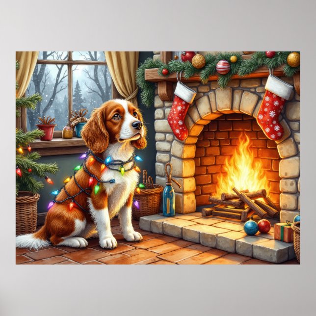 Brittany Spaniel Fireplace with Christmas Lights Poster (Framsidan)
