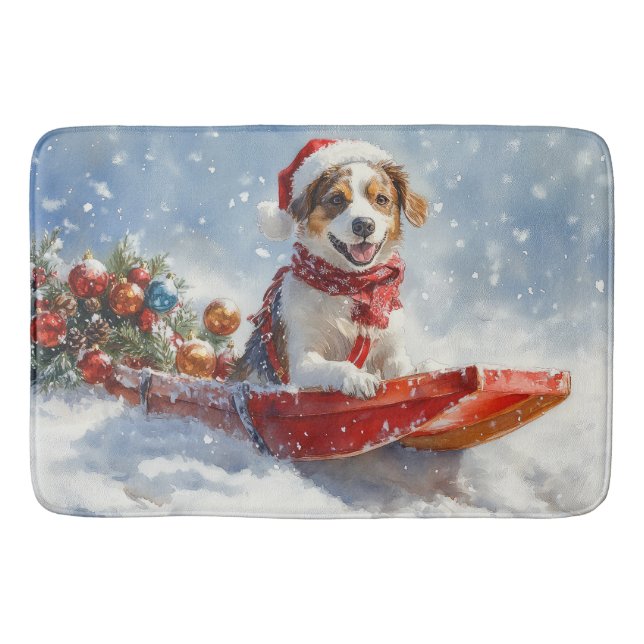 Brittany Spaniel Hund i släde jul Badrumsmatta (Framsidan)