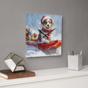 Brittany Spaniel Hund i släde jul Fyrkantig Klocka