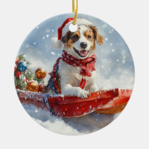Brittany Spaniel Hund i släde jul Julgransprydnad Keramik