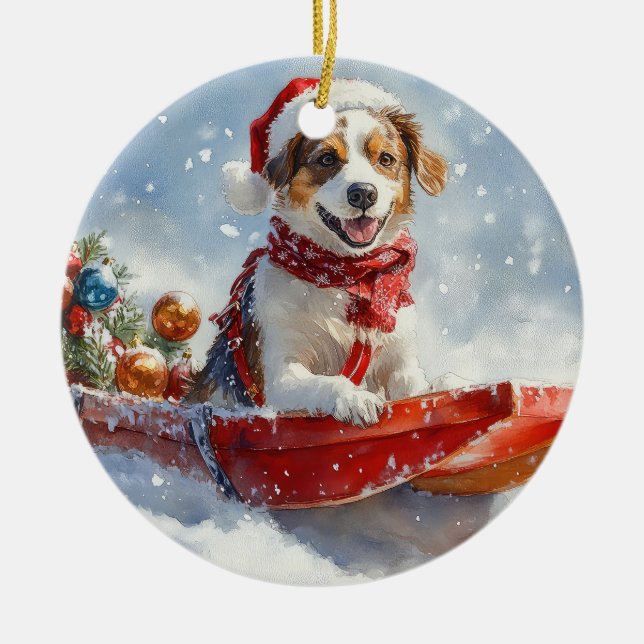 Brittany Spaniel Hund i släde jul Julgransprydnad Keramik (Framsidan)
