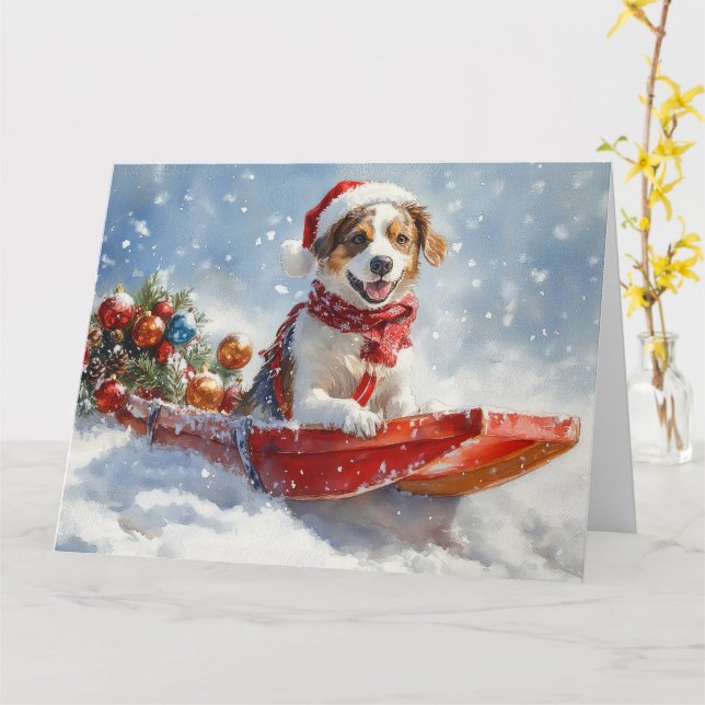 Brittany Spaniel Hund i släde jul Kort (Gul blomma)