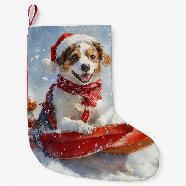 Brittany Spaniel Hund i släde jul Liten Julstrumpa (Framsidan)