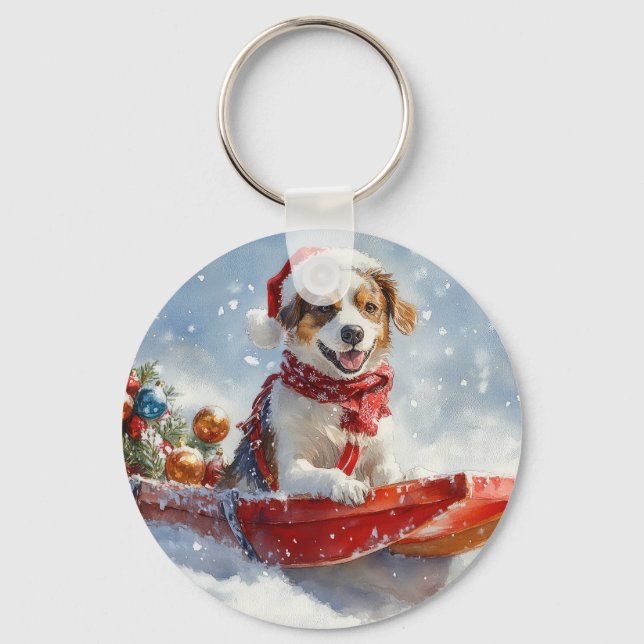 Brittany Spaniel Hund i släde jul Nyckelring (Framsida)