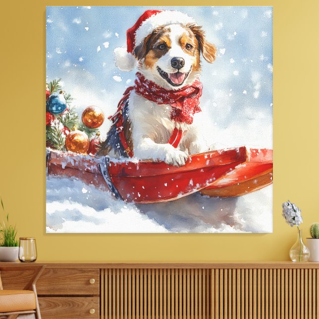 Brittany Spaniel Hund i slädjulsk jul Canvastryck (Insitu (Vardagsrum))