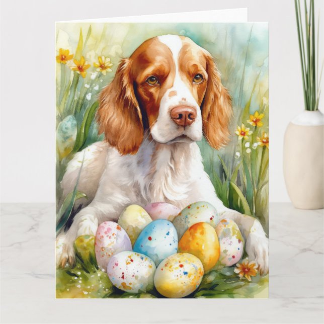 Brittany Spaniel Hund med påskägg Semester Kort (Framsida)