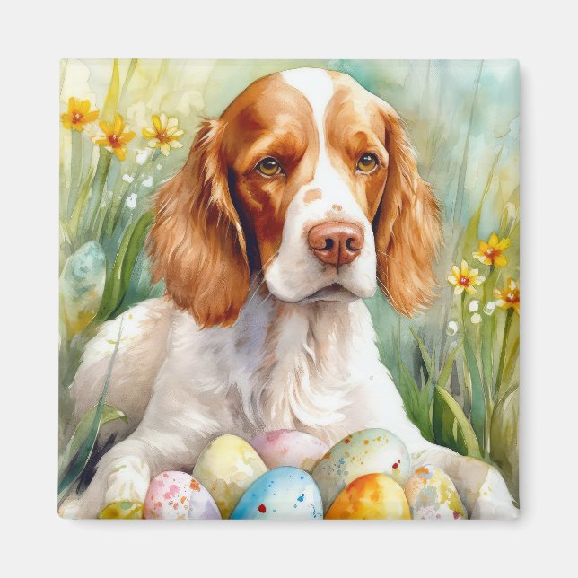 Brittany Spaniel Hund med påskägg Semester Magnet (Framsidan)