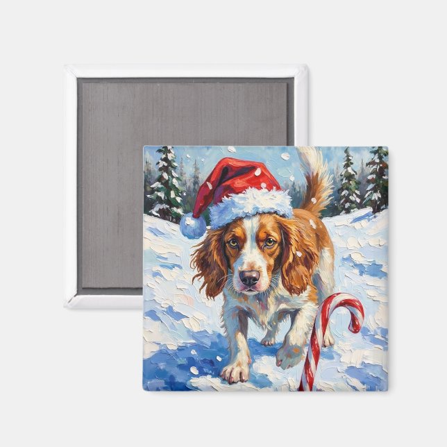Brittany Spaniel Hund Pekar på Julgodis Magnet (Front/Back)
