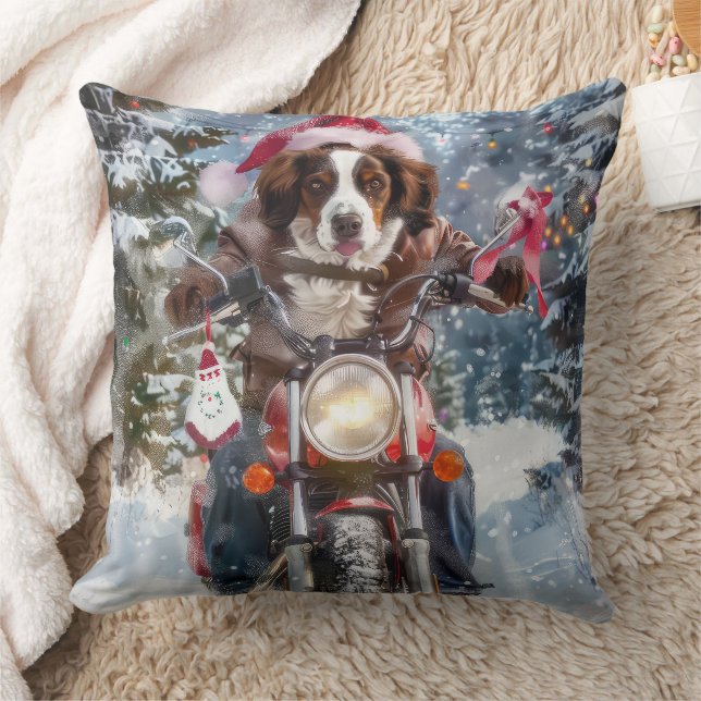 Brittany Spaniel Hund Ridande Motorcykel Jul Kudde (Filt)