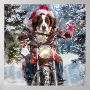 Brittany Spaniel Hund Ridande Motorcykel Jul Poster