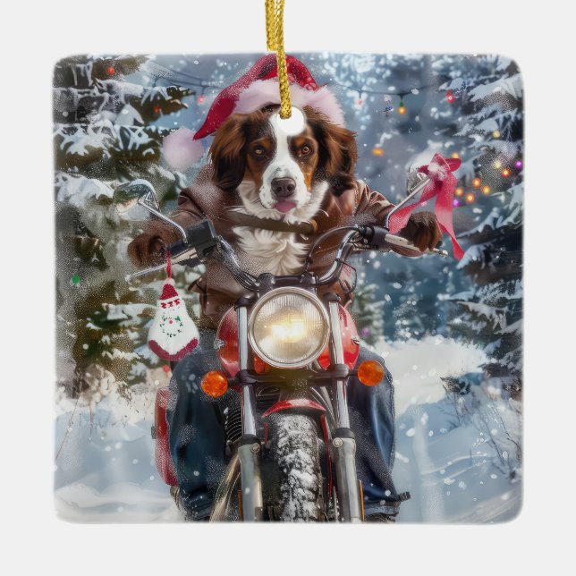 Brittany Spaniel Hund Ridning Motorcykel Jul Julgransprydnad Keramik (Framsida)