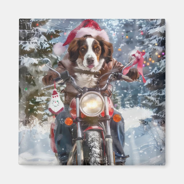 Brittany Spaniel Hund Ridning Motorcykel Jul Magnet (Framsidan)