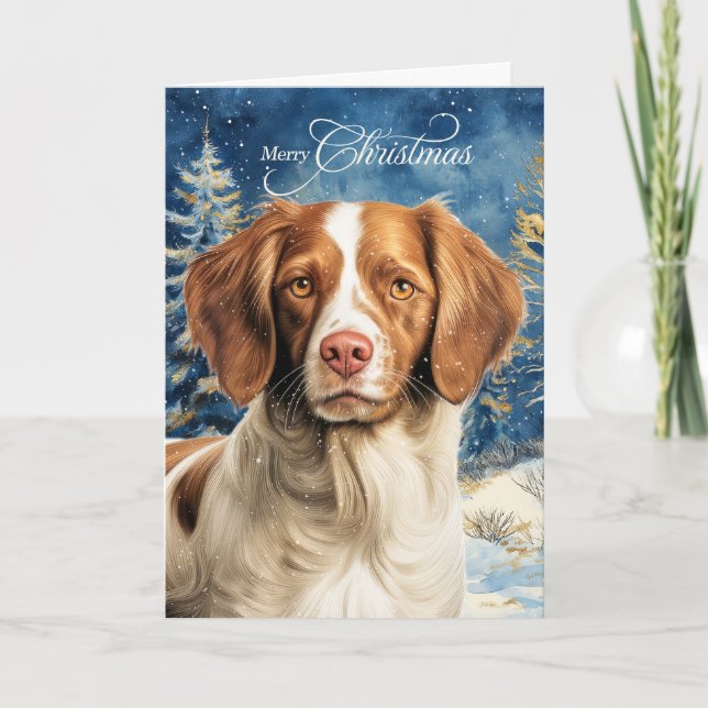 Brittany Spaniel Hund Skogslandskap Jul Helgkort (Framsida)