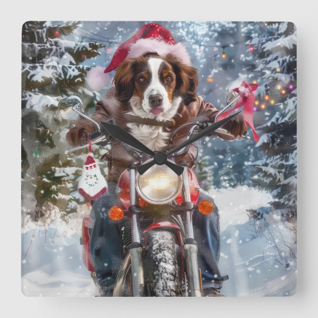 Brittany Spaniel Hund som kör motorcykel jul Fyrkantig Klocka (Framsida)