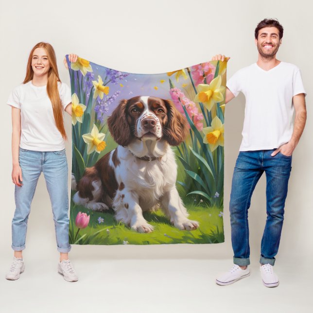 Brittany Spaniel Hund Vårblommor Målning  Fleecefilt (På plats)