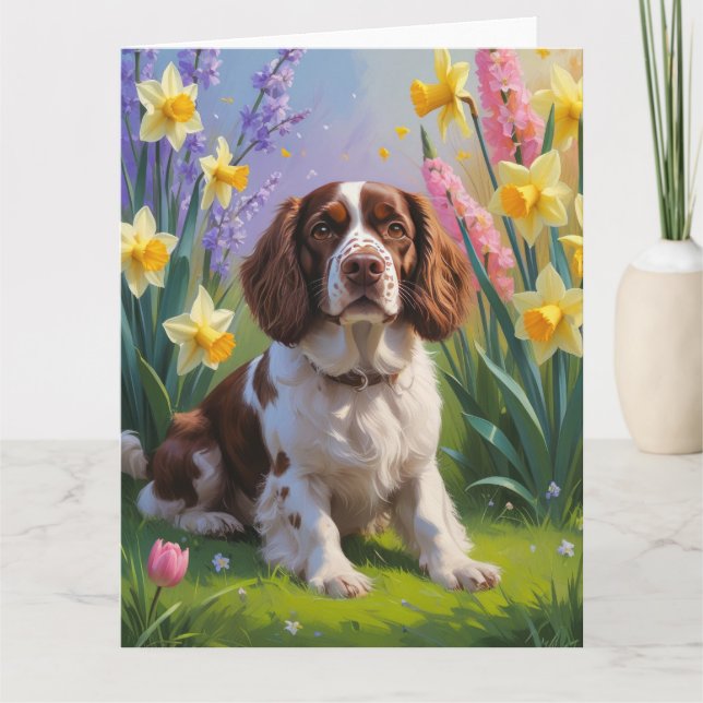 Brittany Spaniel Hund Vårblommor Målning  Kort (Framsida)