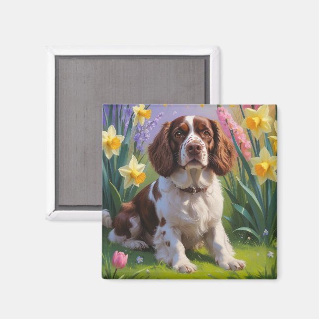 Brittany Spaniel Hund Vårblommor Målning  Magnet (Front/Back)
