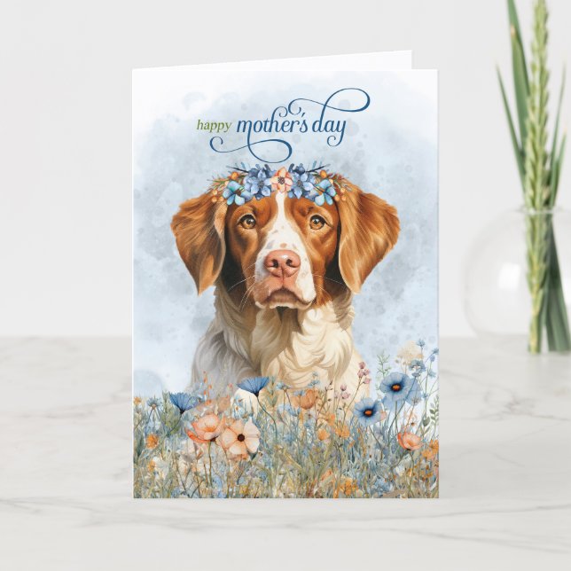 Brittany Spaniel Hund Vildblommor Mors Dag Helgkort (Framsida)